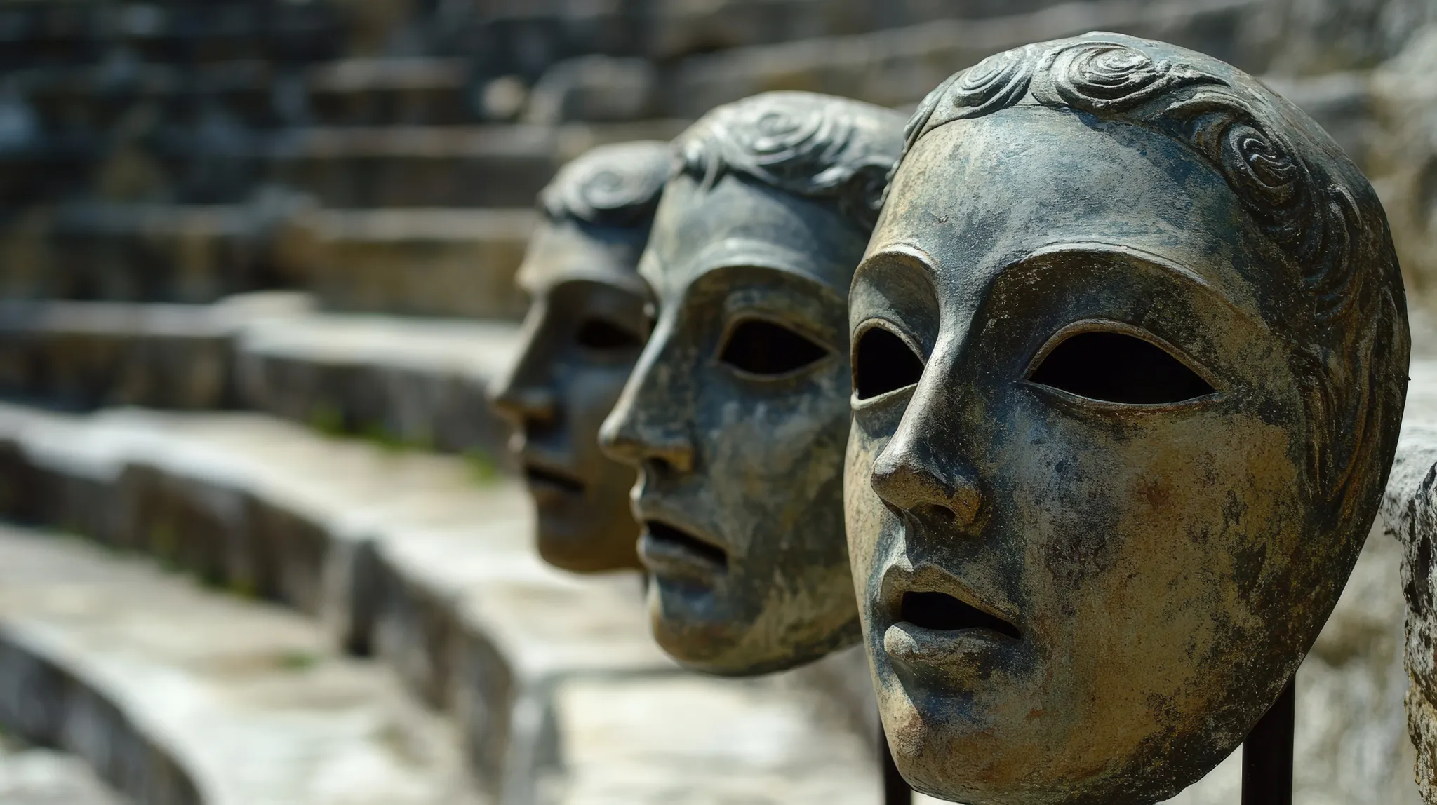 Image of statue of old masks used in ancient Greek theater, symbolizing the themes of tragedy and cathartic transformation in human experience.